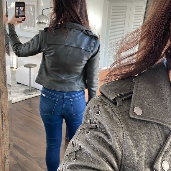 BCBG MaxAzria Genuine Leather Olive Coat with Lace Up XXS - Picture 5 of 16